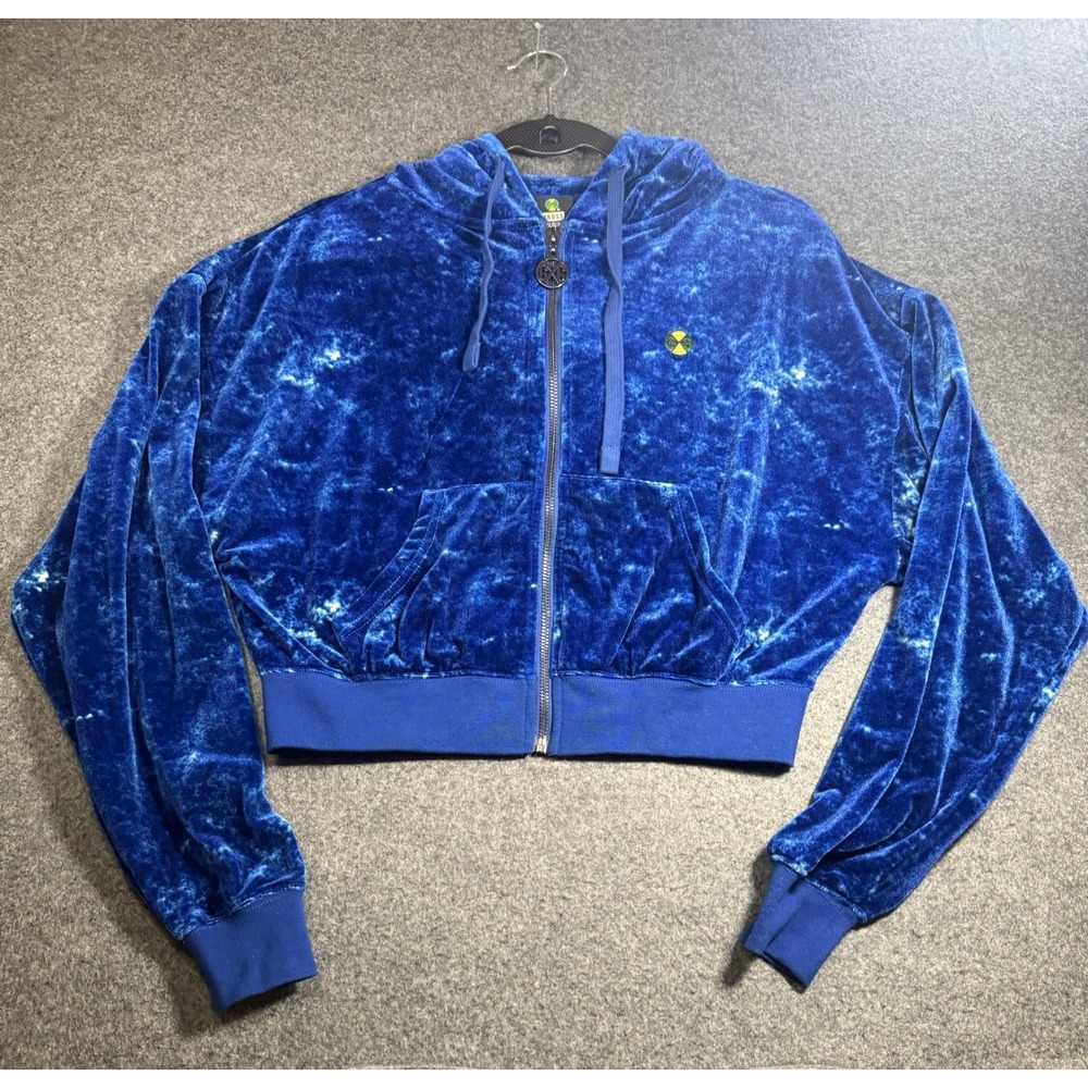 VTG Y2K Cross Colours Size S Blue Crushed Velvet Zip Up Hoodie